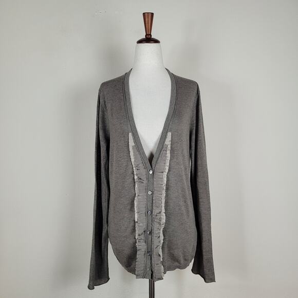 Banana Republic Sweater Womens Large Brown Ruffle Trim Cardigan Pima Cotton Soft - Picture 1 of 9